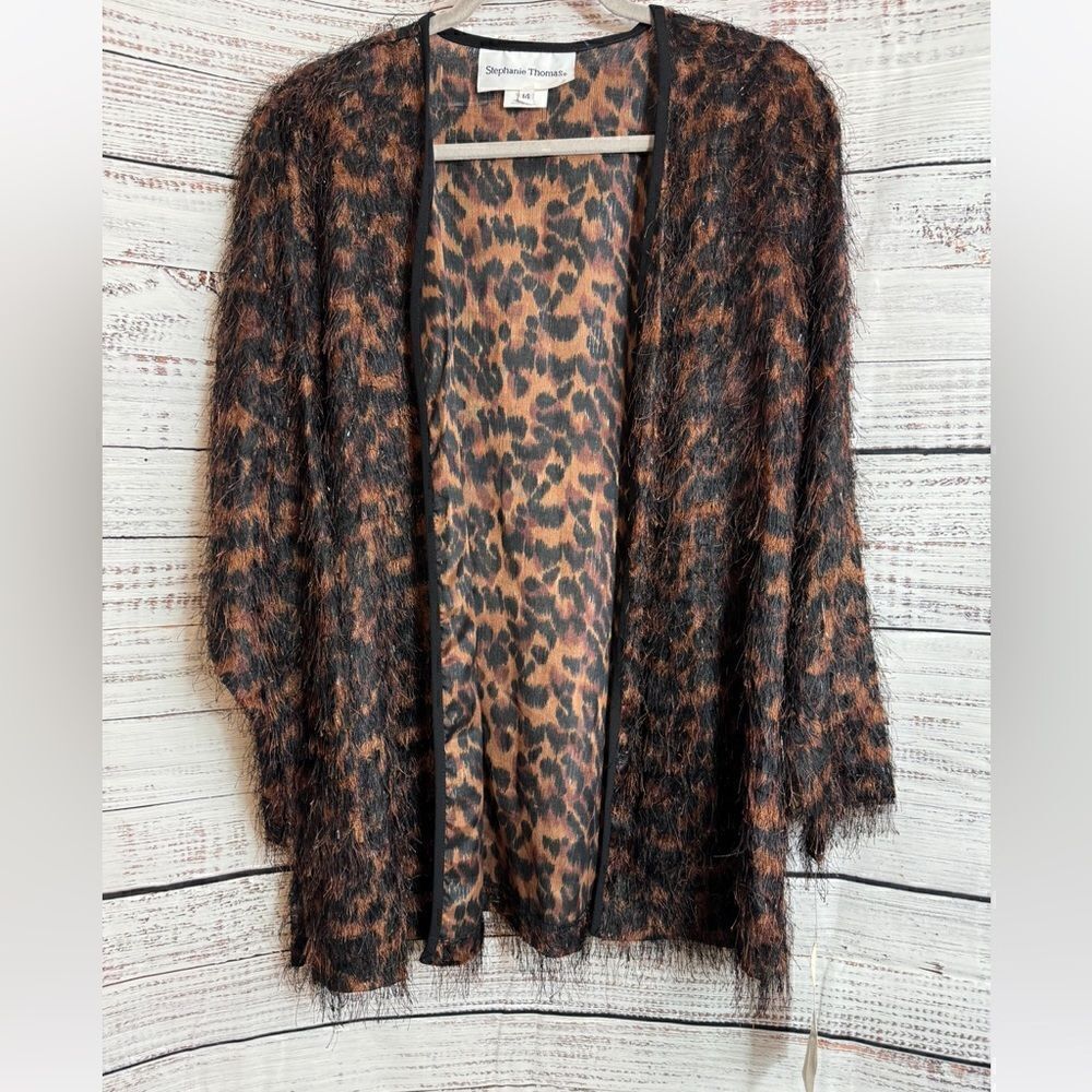 Vintage Stephanie Thomas cardigan Womens sz 14 Animal print metallic fuzzy New